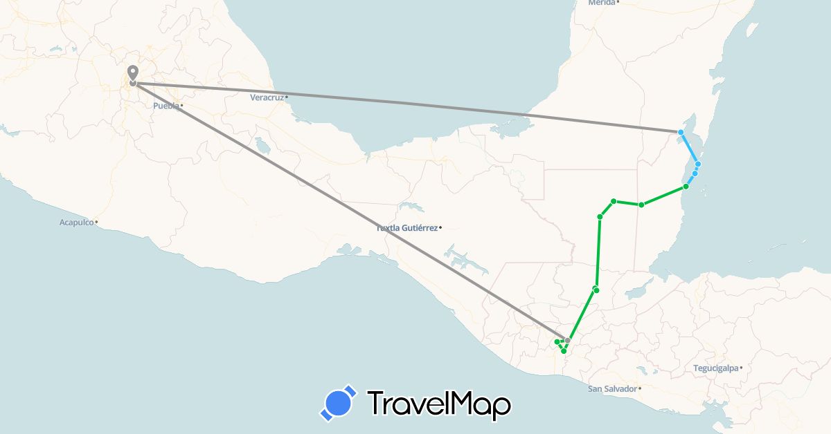 TravelMap itinerary: bus, plane, boat in Belize, Guatemala, Mexico (North America)